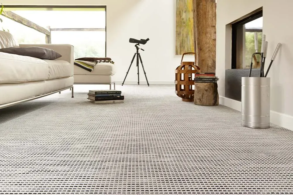 Custom rug Weave, grey and beige woven floor in a living room