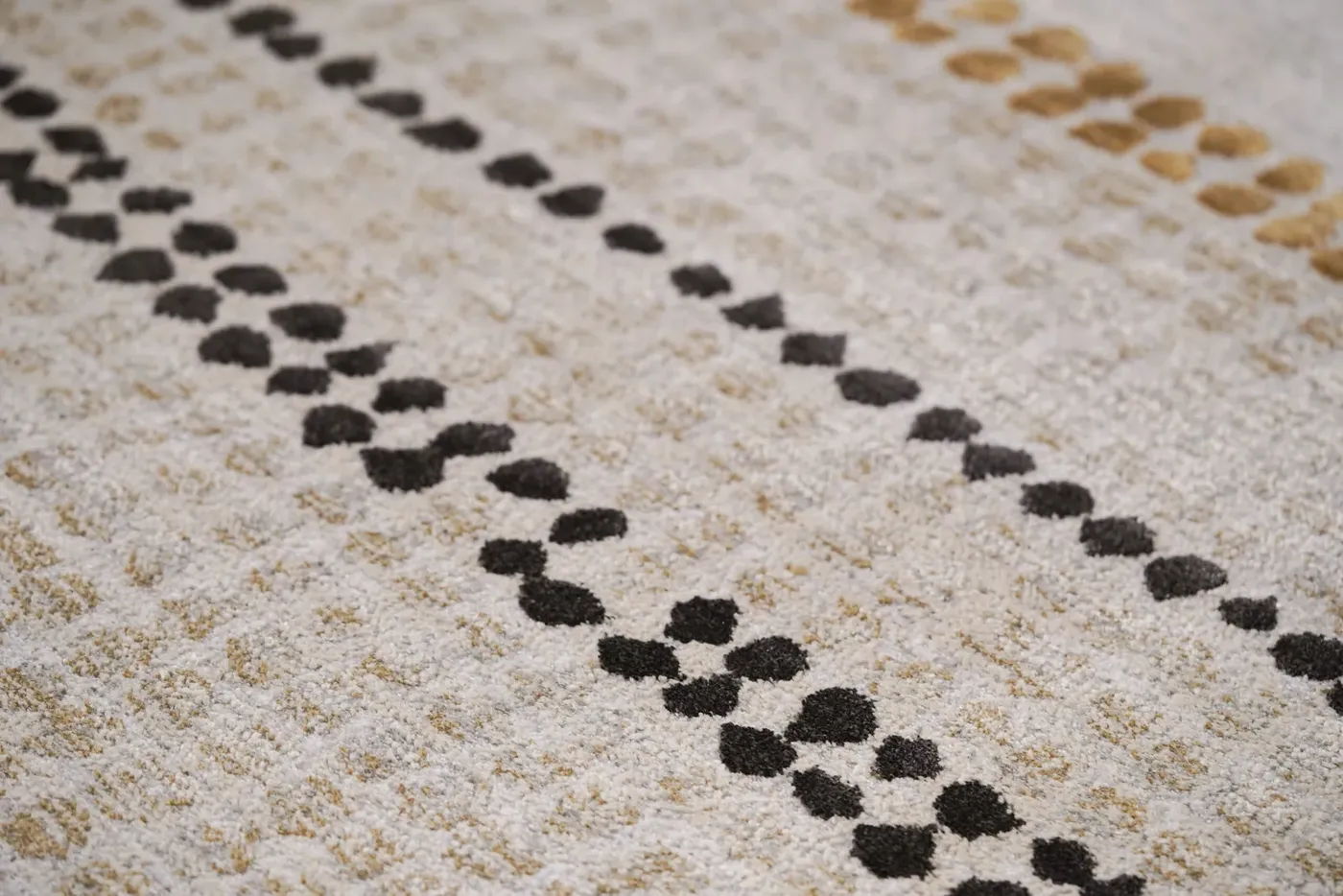 Custom rug Rattan, black and ochre chevrons on beige loop pile