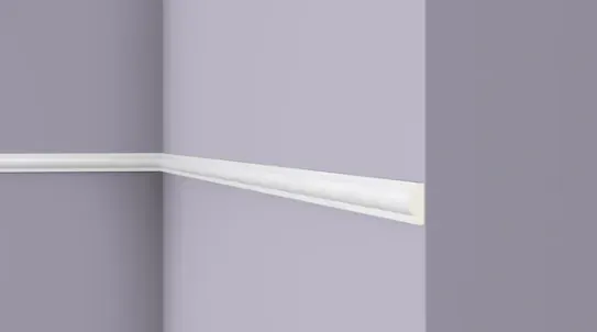 Flat wall moulding with bevelled edge, shown along a wall