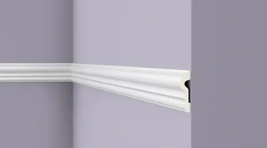 Stepped cornice showing parallel grooves and hollow cable channel