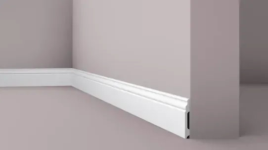 Tall skirting board with moulded top edge in matt light grey