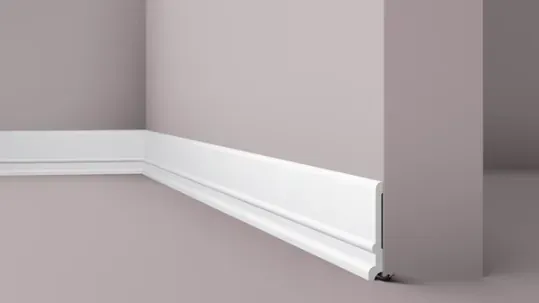 Tall skirting board with moulded top edge in light grey