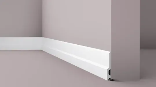 Skirting board with continuous rounded profile in matt light grey