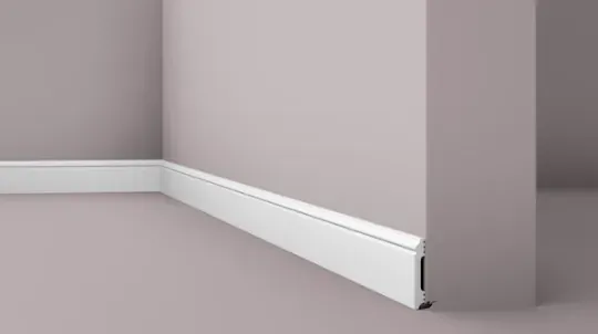 Low rounded skirting board Shadow with fine groove and cable clip