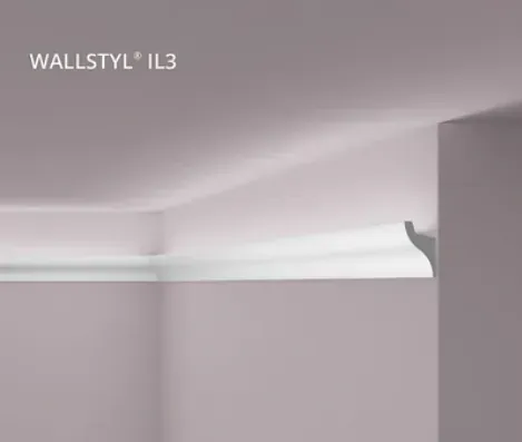 Curved ceiling cornice for indirect lighting, warm glow on ceiling