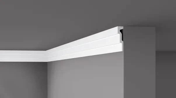 Stepped ceiling cornice with groove for strip lighting