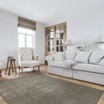 Rug Nutmeg, abstract ochre and taupe pattern with blue-grey streaks