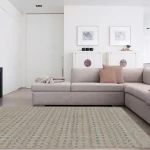 Rug Reed, beige and blue-grey basket-weave geometric pattern