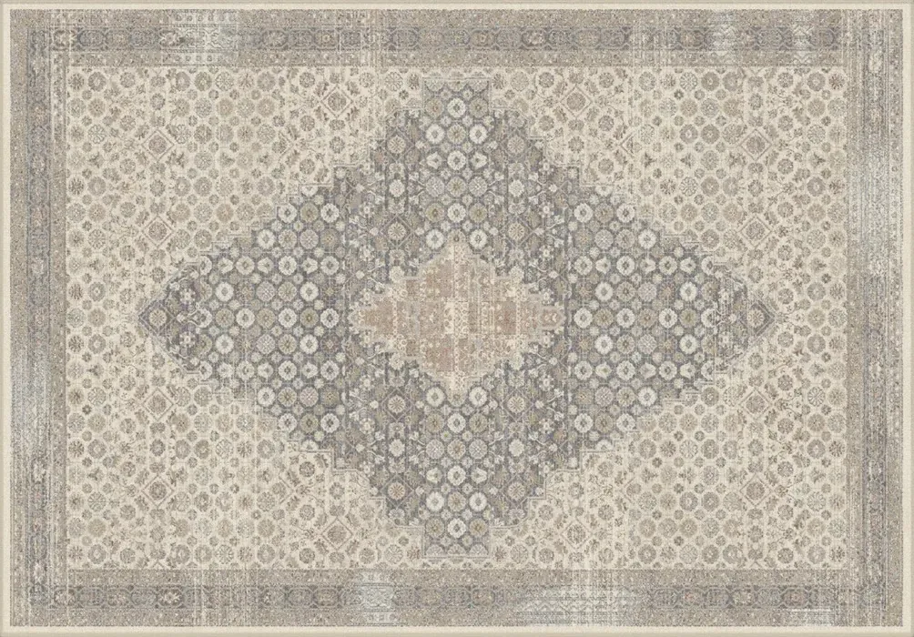 Rug Rattan, beige and ivory medallion with floral border