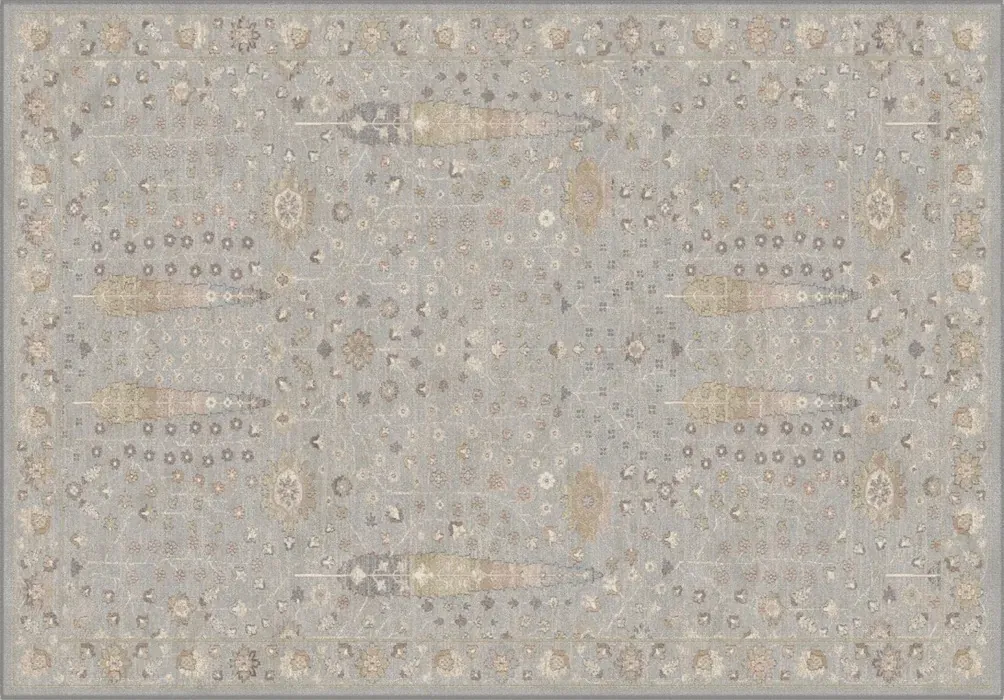 Rug Steel, grey floral rug with palmettes and scrolled border