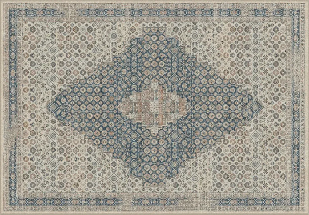 Rug Platinum, indigo medallion with beige florals on ivory