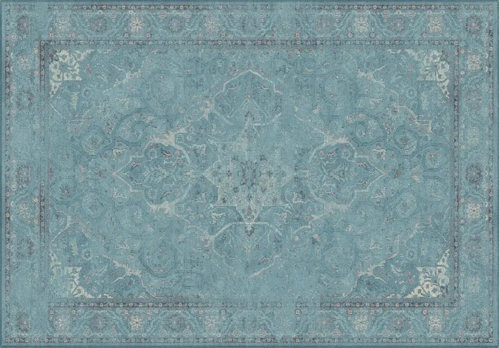 Rug Periwinkle, blue-green medallion rug with patinated finish