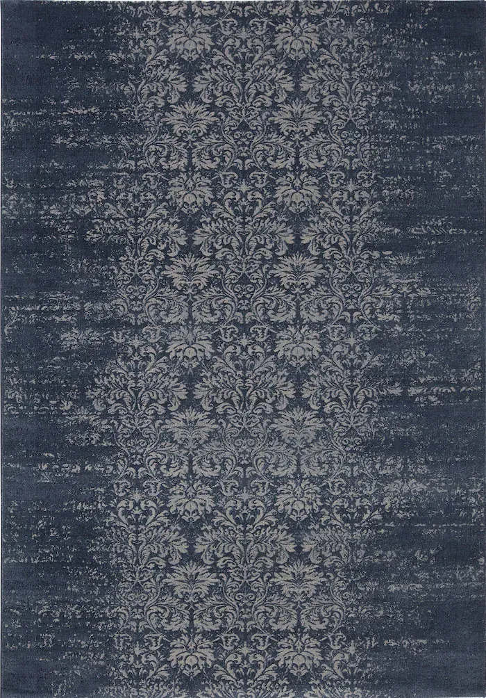 Rug Lagoon, light grey damask on weathered midnight blue