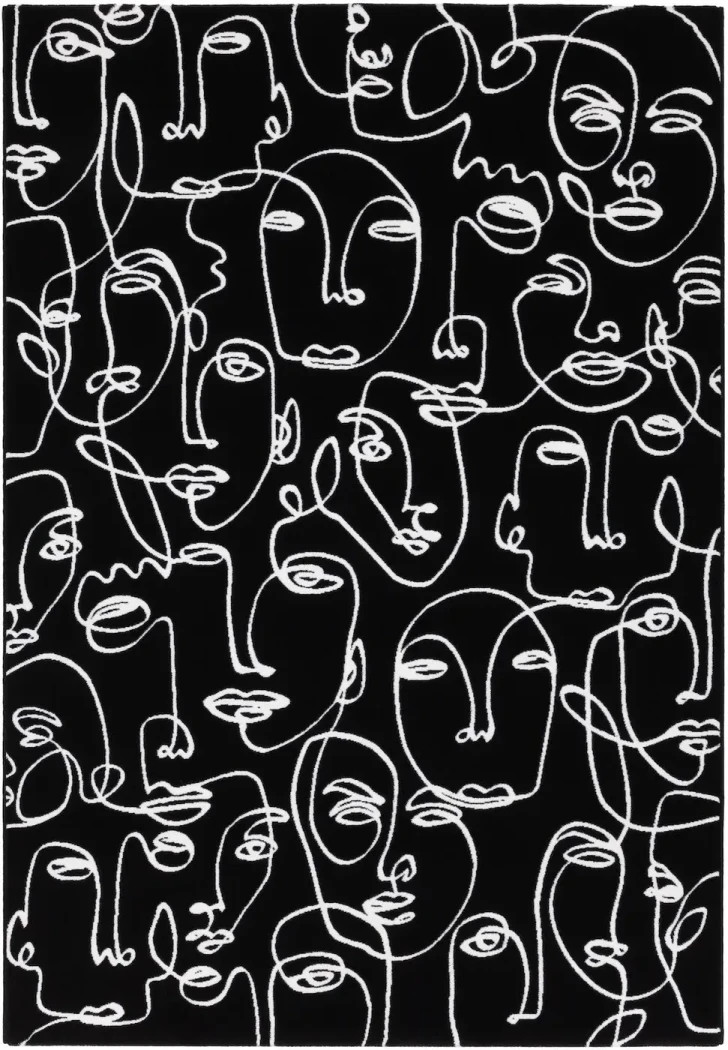 Rug Soft Ash with white line-drawn faces on black