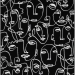 Rug Soft Ash with white line-drawn faces on black