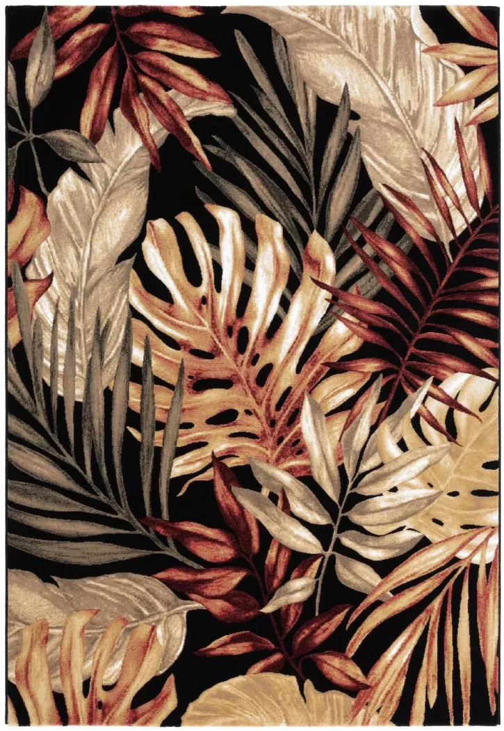 Rug Silt, beige and terracotta tropical leaves on black