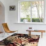 Rug Silt, beige and terracotta tropical leaves on black