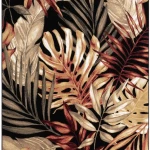 Rug Silt, beige and terracotta tropical leaves on black