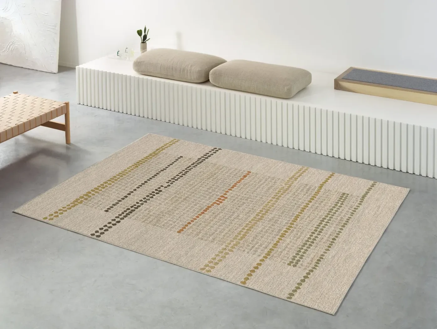 Rug Soft Mist, bands of khaki, ochre and terracotta dots
