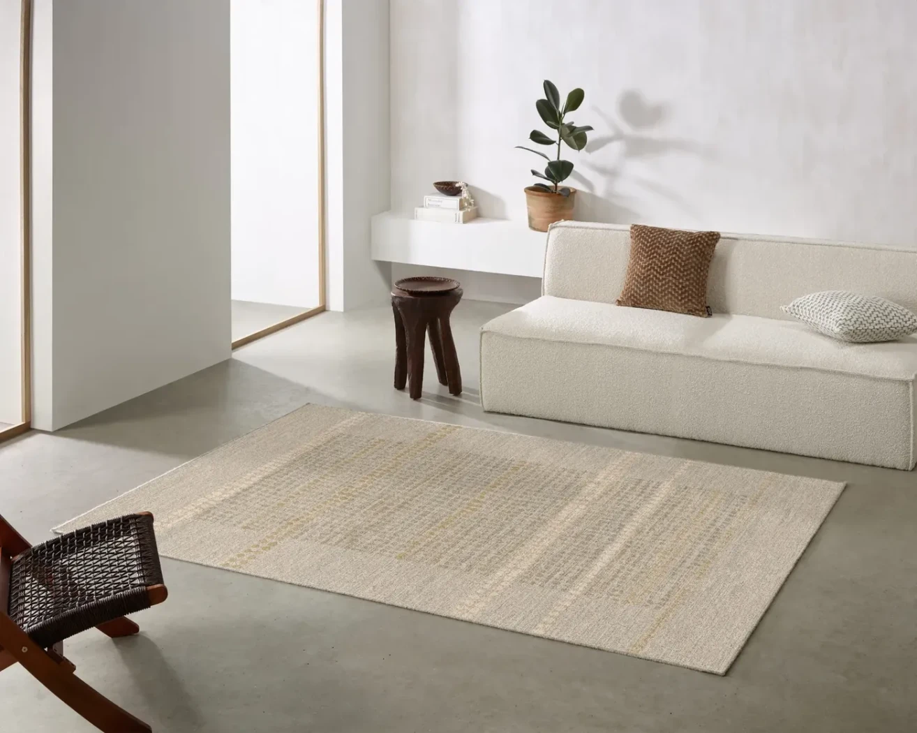 Rug Bistre, fine ecru, beige and ochre stripes, flat weave