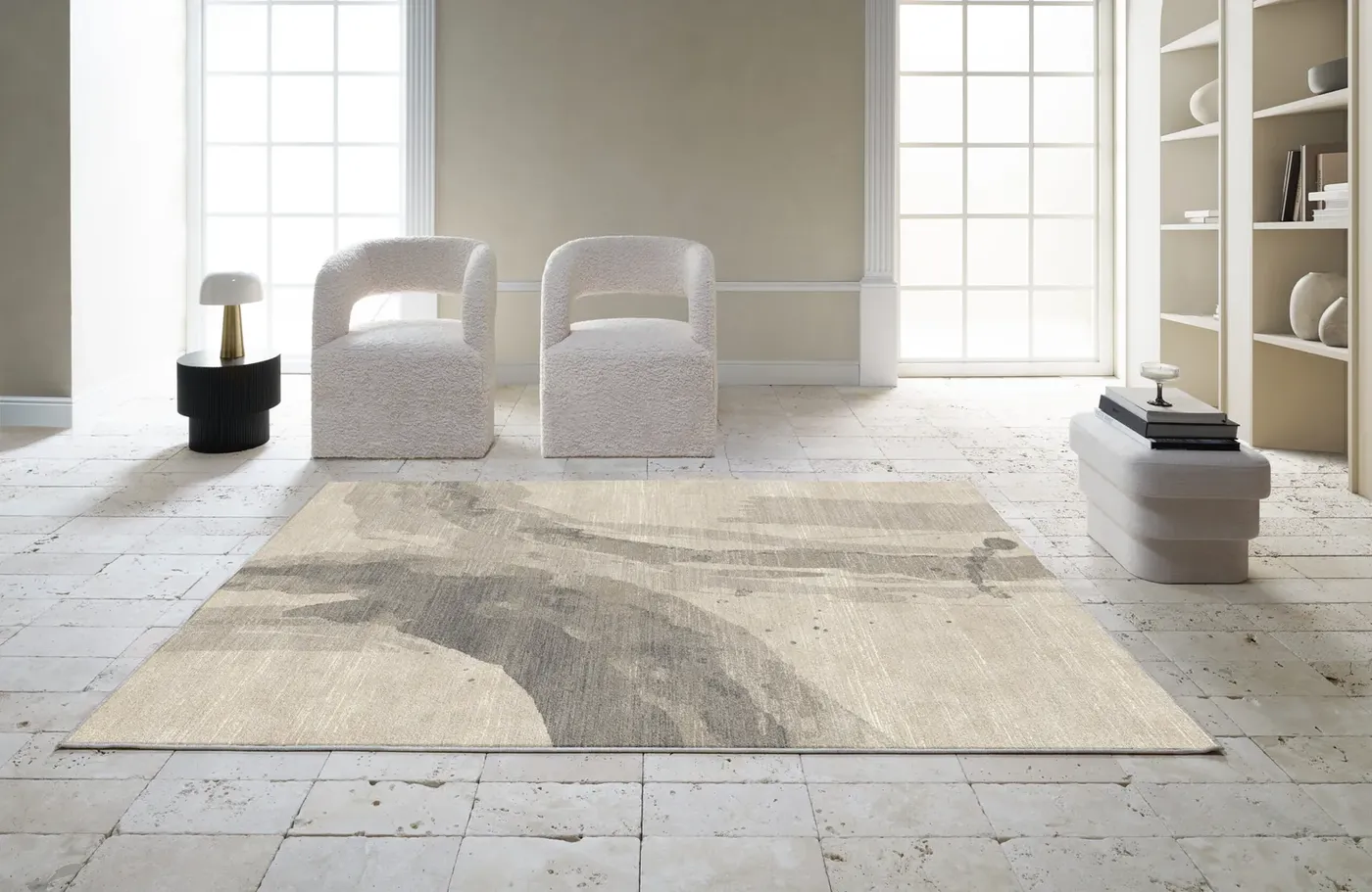 Rug Soft Peat, beige and grey watercolour wash on stone