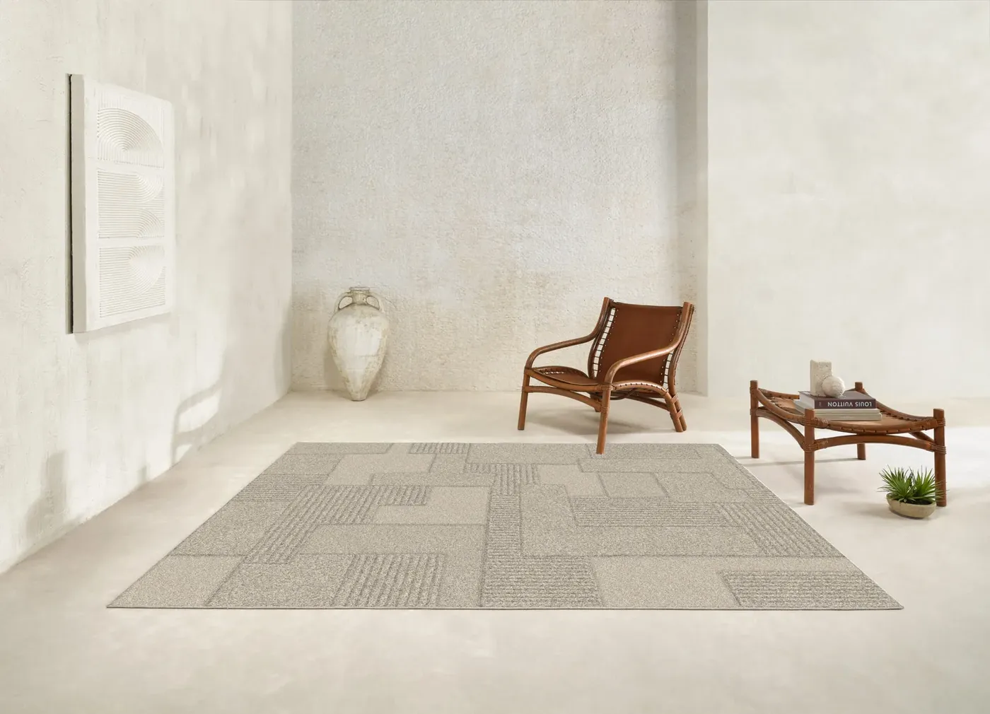 Rug Soft Putty, textured beige and light grey geometric blocks