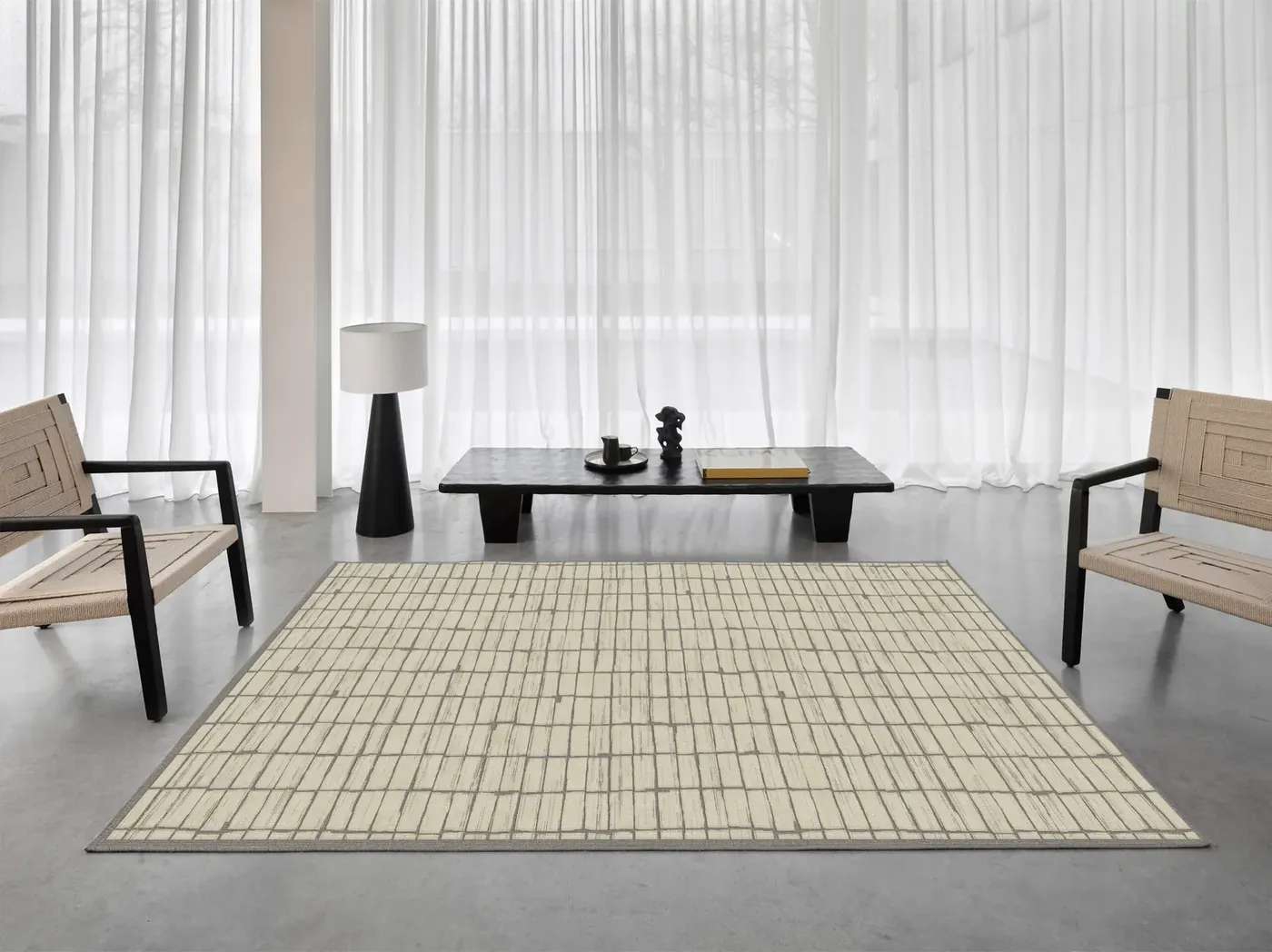 Rug Soft Anthracite, ivory ground with fine grey grid lines