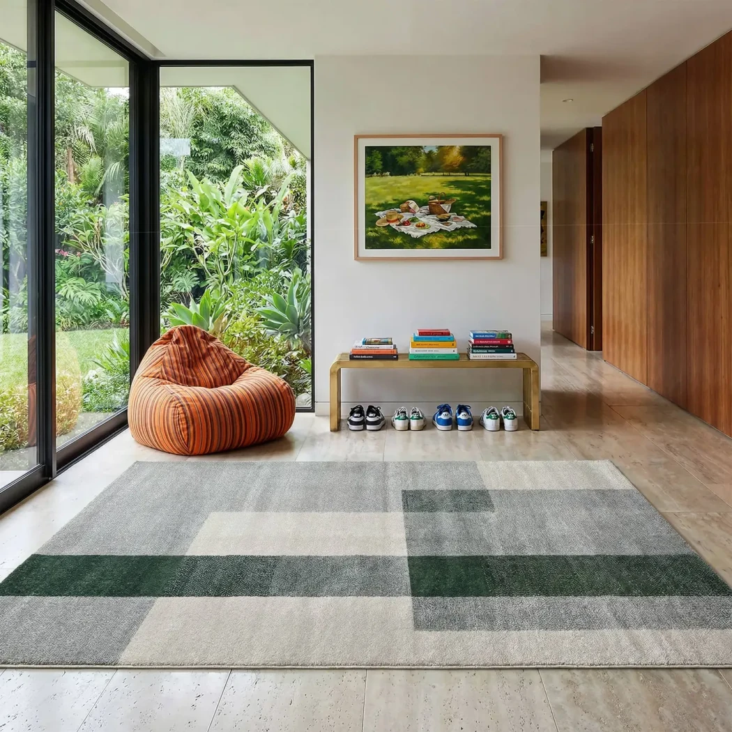 Rug Cashew in sage, grey and sand geometric blocks