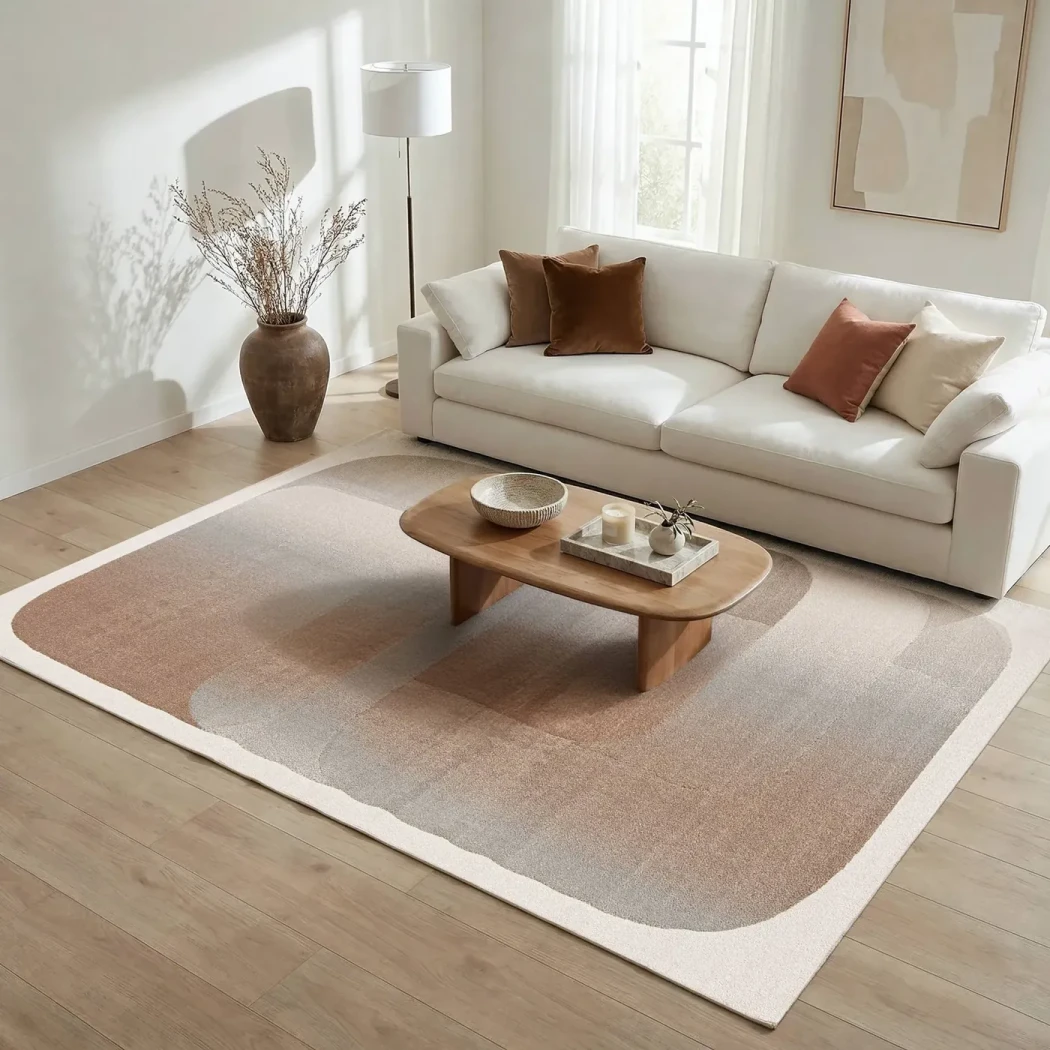 Rug Cinnamon, terracotta and taupe abstract blocks, ivory border