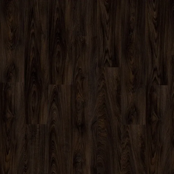 Vinyl flooring Midnight, near-black wood-effect planks with strong grain