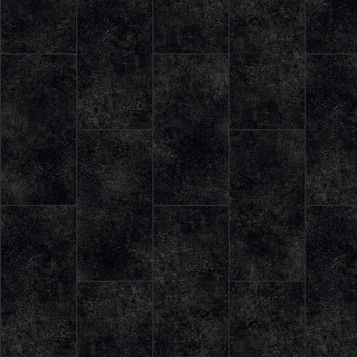 Vinyl flooring Black Ash, black stone-effect tiles flecked with grey