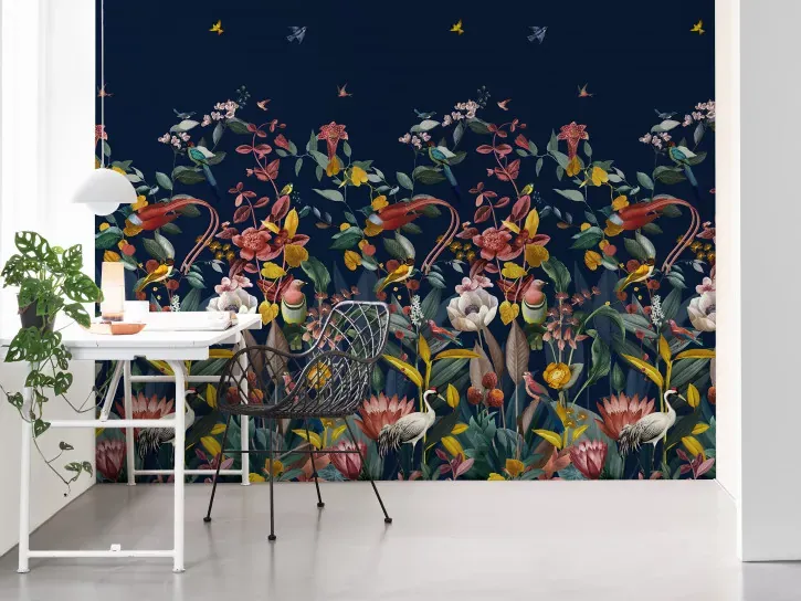Wall mural Midnight, flowers and birds on midnight blue