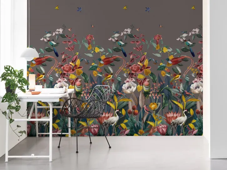 Wall mural Platinum, flowers and wading birds on taupe