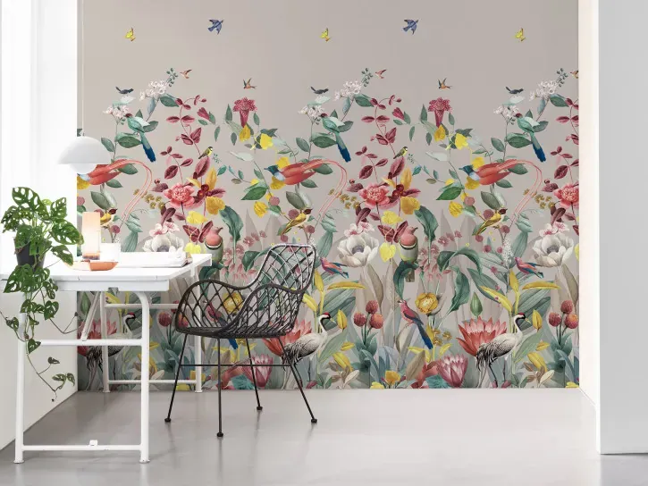 Wall mural Lead, botanical birds and flowers on pale grey
