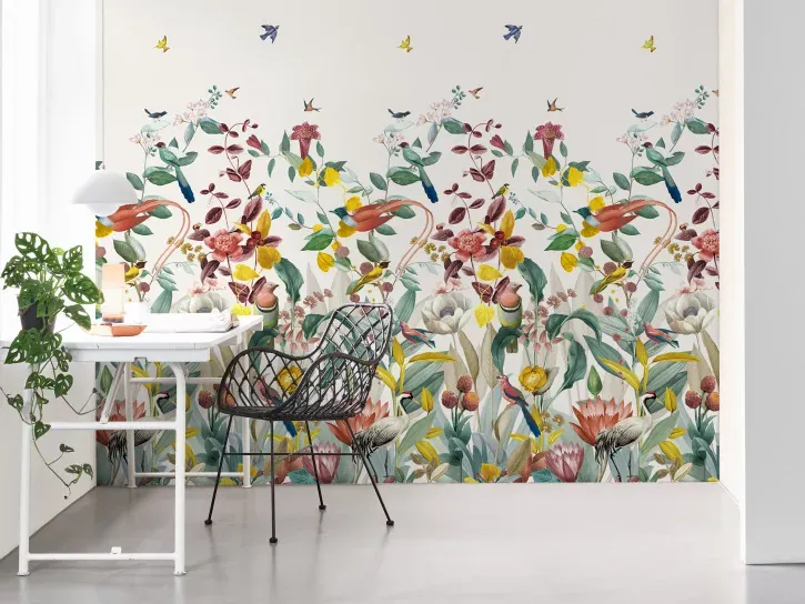 Wall mural Rapeseed, yellow and pink flowers with birds on white