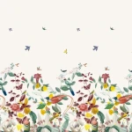 Wall mural Rapeseed, yellow and pink flowers with birds on white