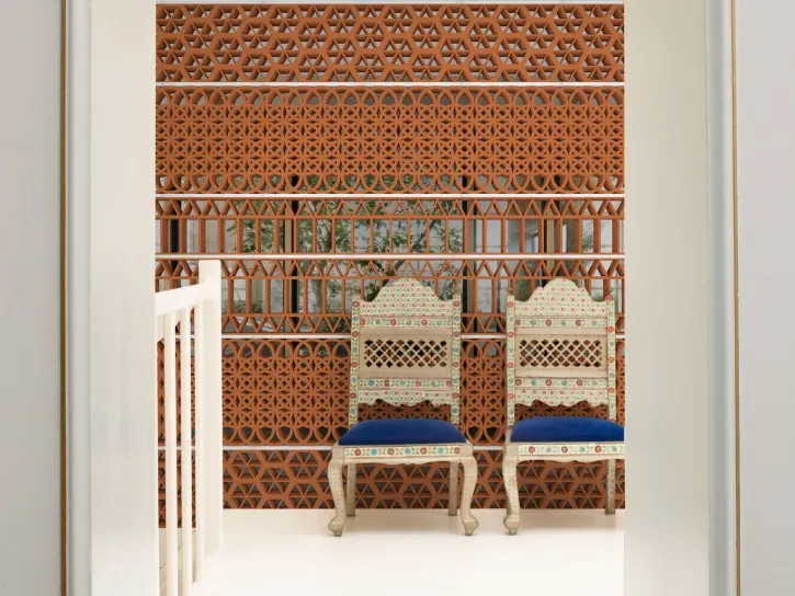 Wall mural Sanguine, terracotta openwork geometric screen pattern