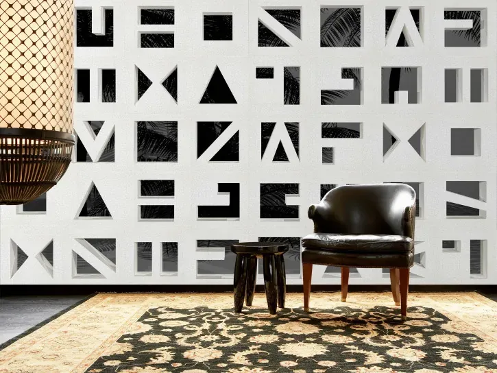 Wall mural Flint with geometric cut-out squares over dark foliage