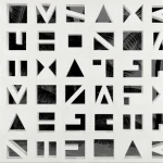Wall mural Flint with geometric cut-out squares over dark foliage