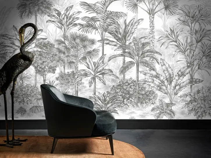 Wall mural Cement showing a grey line-drawn tropical jungle