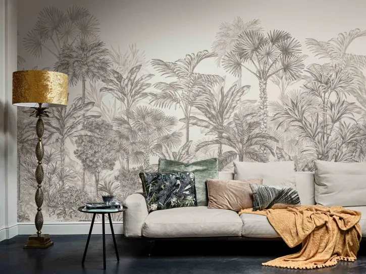 Wall mural Graphite with grey line-drawn palms and ferns