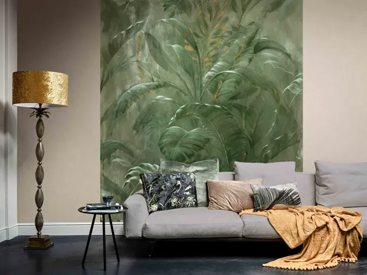 Wall mural Watercress, deep green banana leaves with gold veins