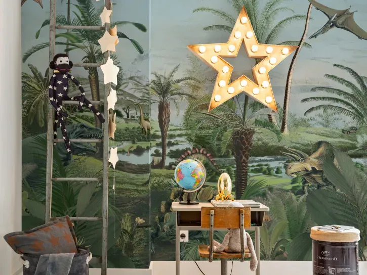 Wall mural Citron with dinosaurs, palms and a yellow star