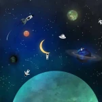 Wall mural Soot, astronaut, moon and planets on midnight sky