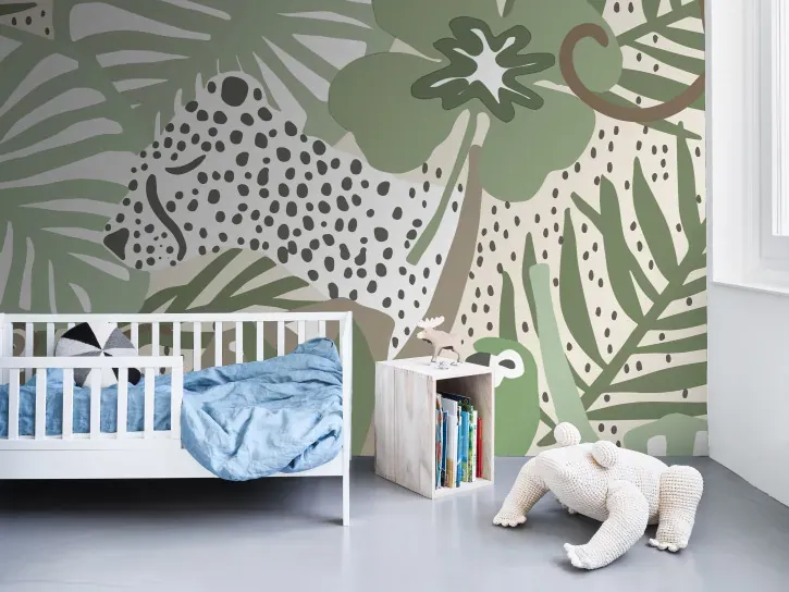 Wall mural Silica, grey leopard among stylised tropical leaves