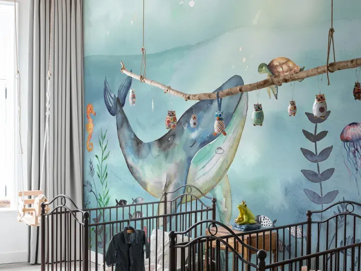 Wall mural Shadow with watercolour whale and sea creatures