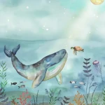 Wall mural Shadow with watercolour whale and sea creatures