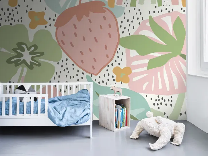 Wall mural Granite, strawberry and pastel flowers on grey dots
