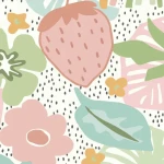 Wall mural Granite, strawberry and pastel flowers on grey dots