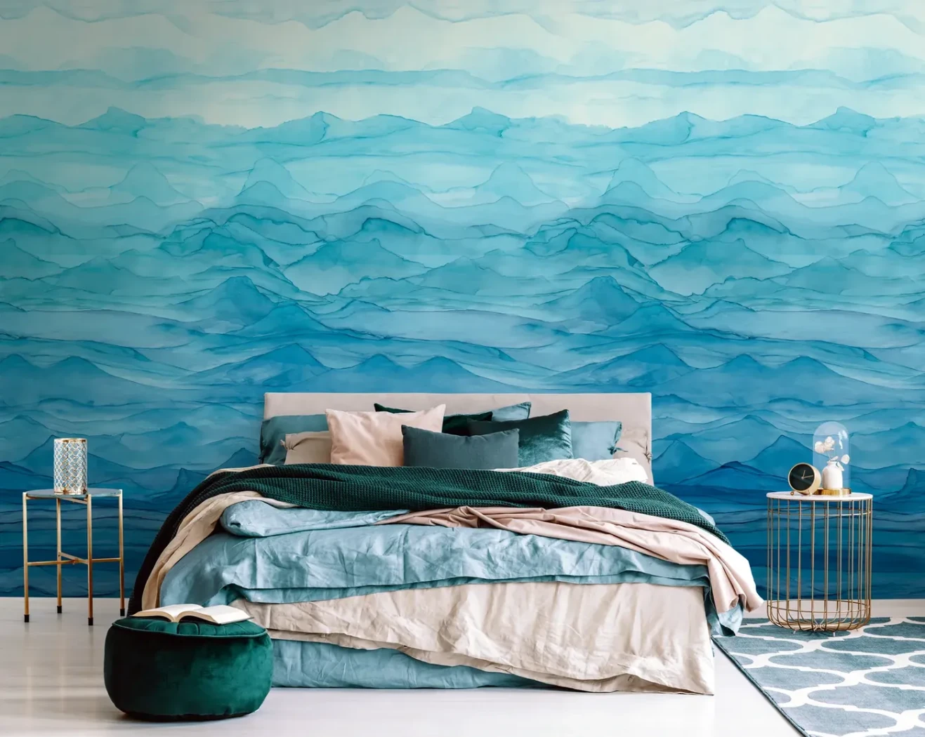 Wall mural Estuary, blue watercolour landscape behind a bed